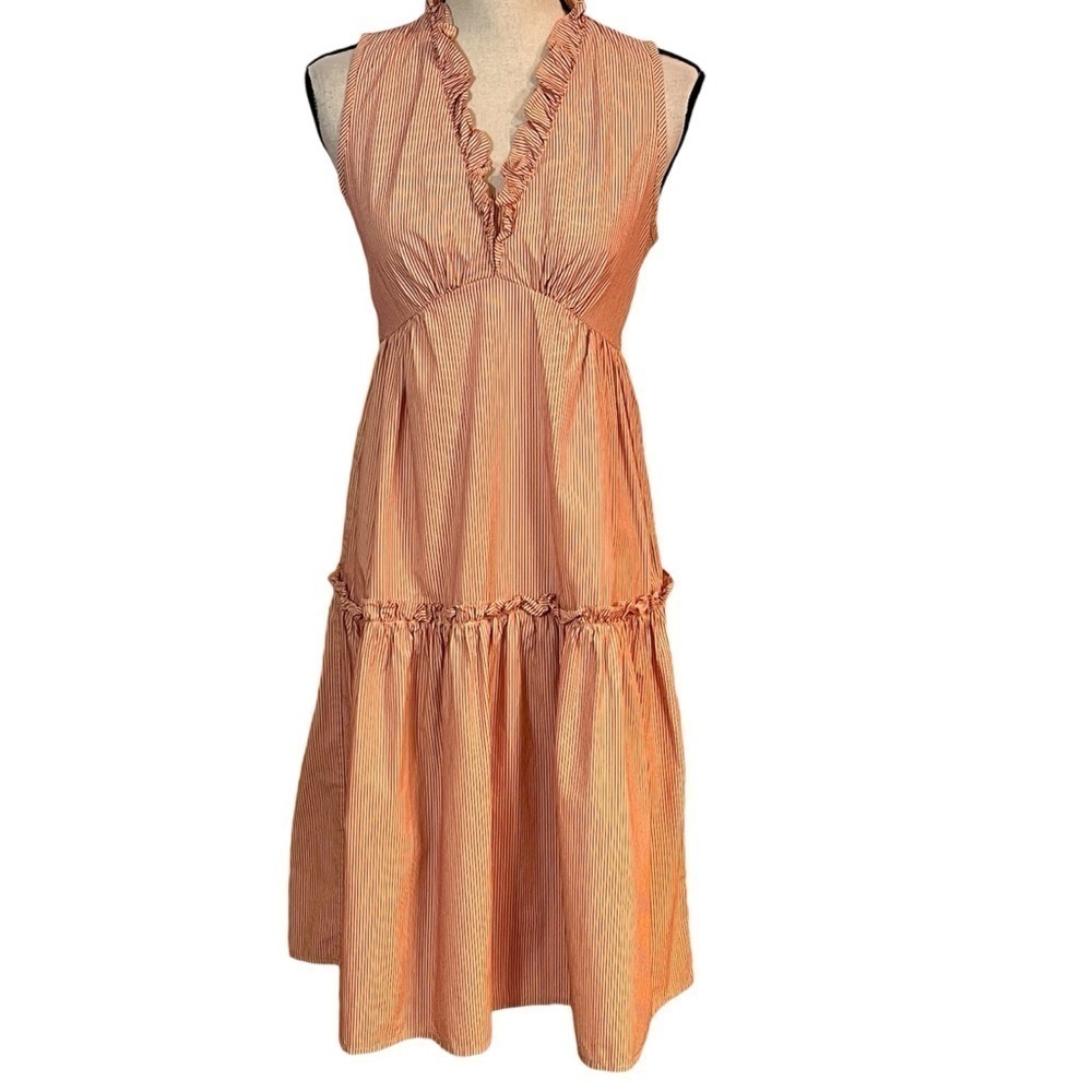 Tulle Red & Cream Stripe Ruffle Sleeveless Midi Dress Sz-S